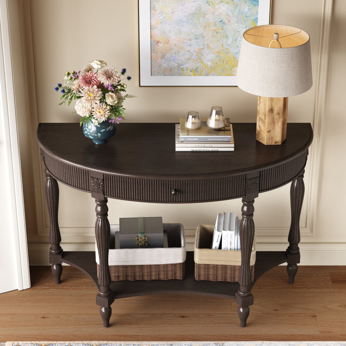 Drawer Streamdale Solid Wood Half Moon Console Table with Drawer & Shelf, Deep Rustic Brown