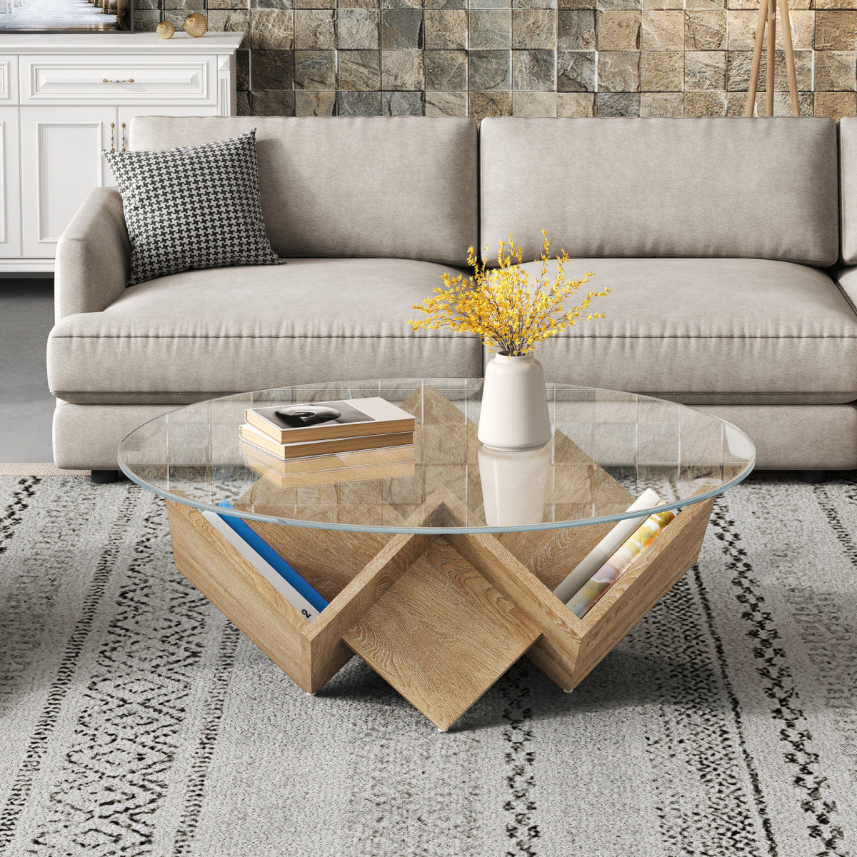 Base Streamdale Round Glass Coffee Table with Art Deco Base & Storage, Natural, 35.4