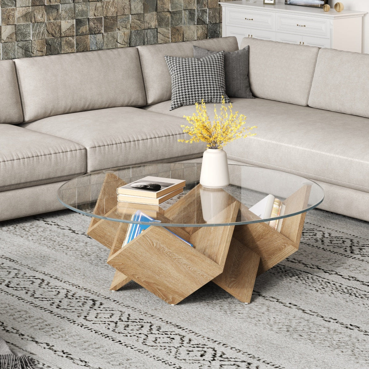 Base Streamdale Round Glass Coffee Table with Art Deco Base & Storage, Natural, 35.4