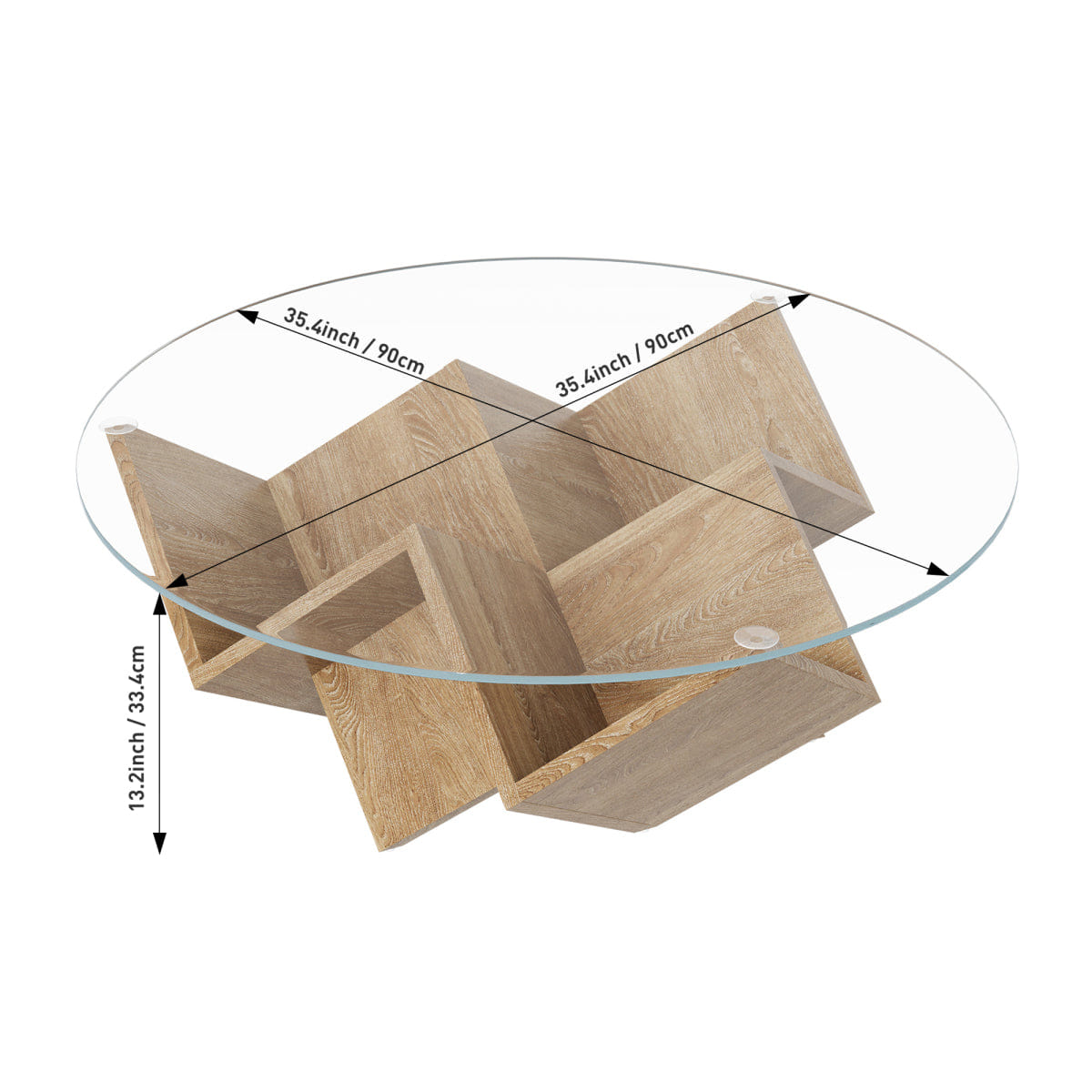 Base Streamdale Round Glass Coffee Table with Art Deco Base & Storage, Natural, 35.4