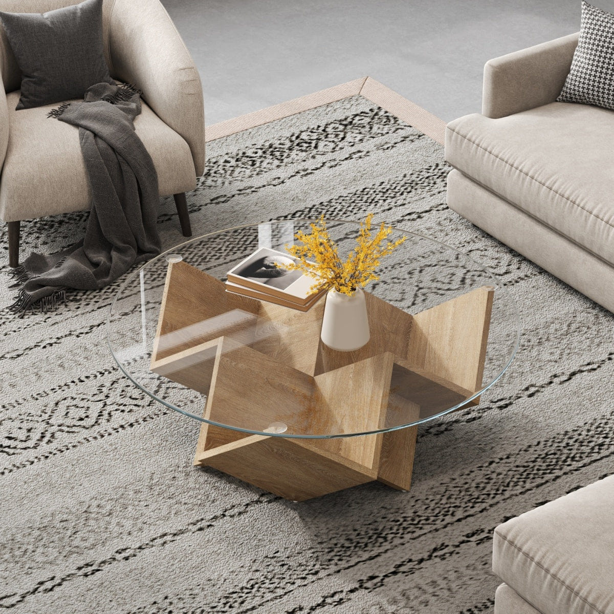 Base Streamdale Round Glass Coffee Table with Art Deco Base & Storage, Natural, 35.4