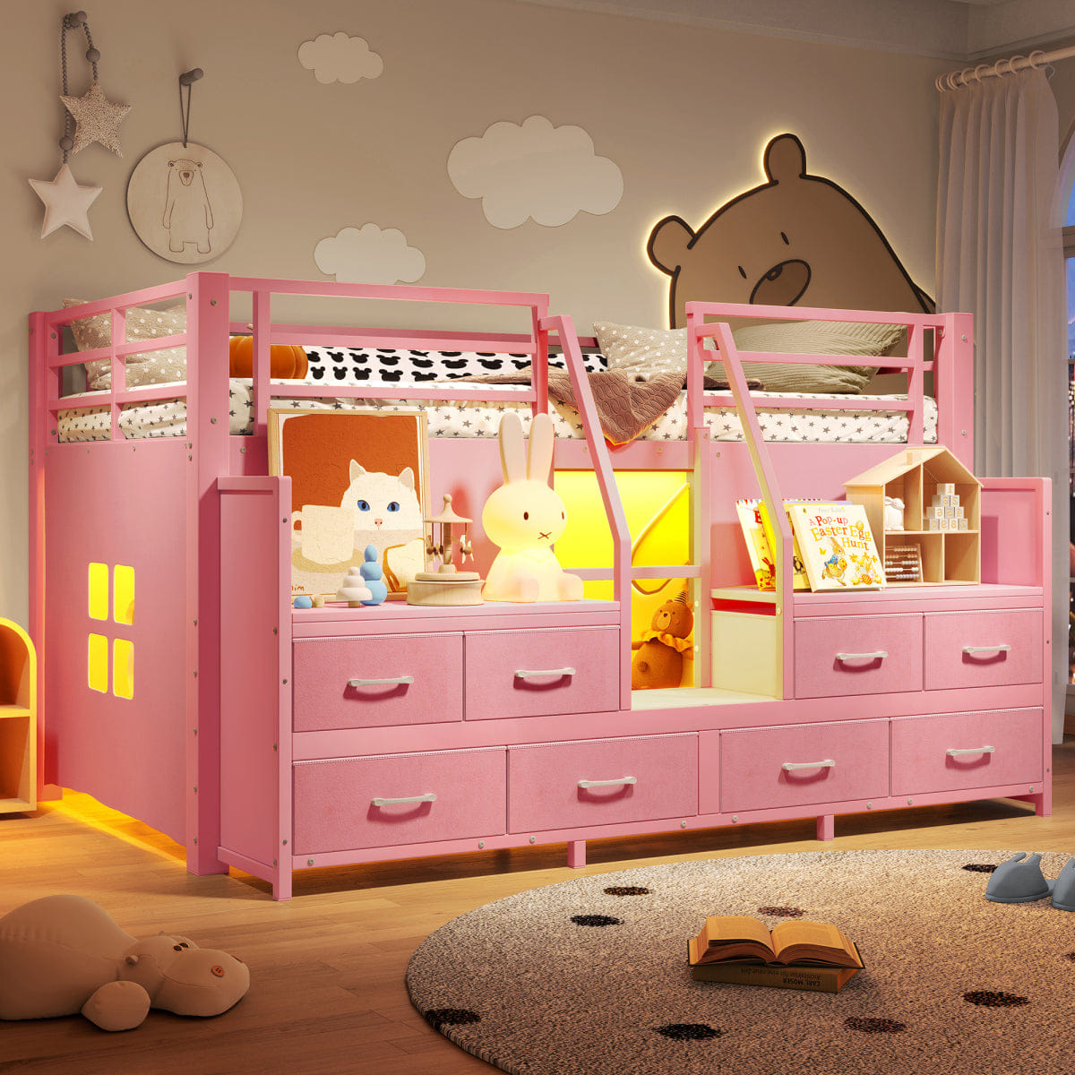 Loft Streamdale Twin Low Loft Bed with Storage Stairs, Fabric Drawers, and Lights, Pink