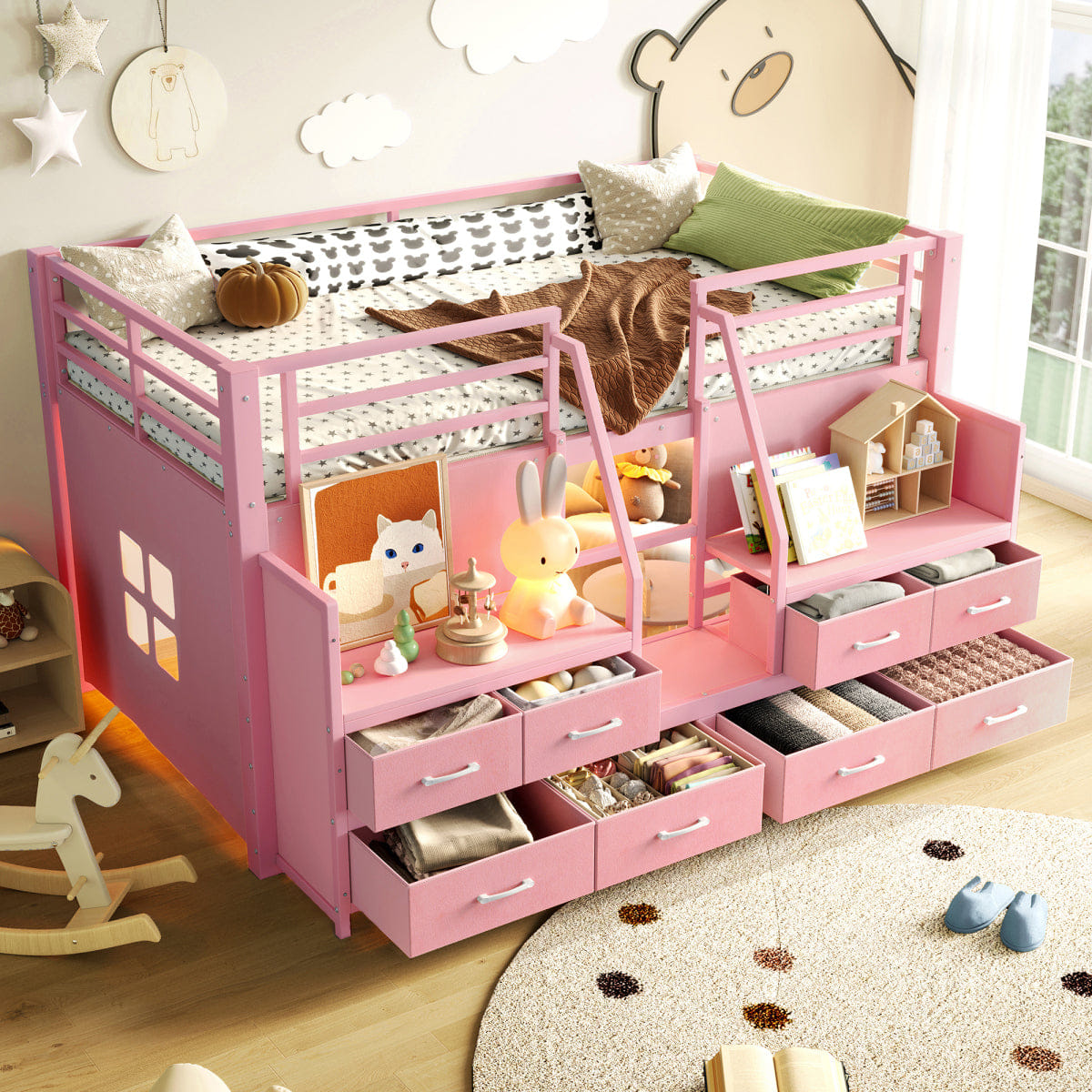 Loft Streamdale Twin Low Loft Bed with Storage Stairs, Fabric Drawers, and Lights, Pink