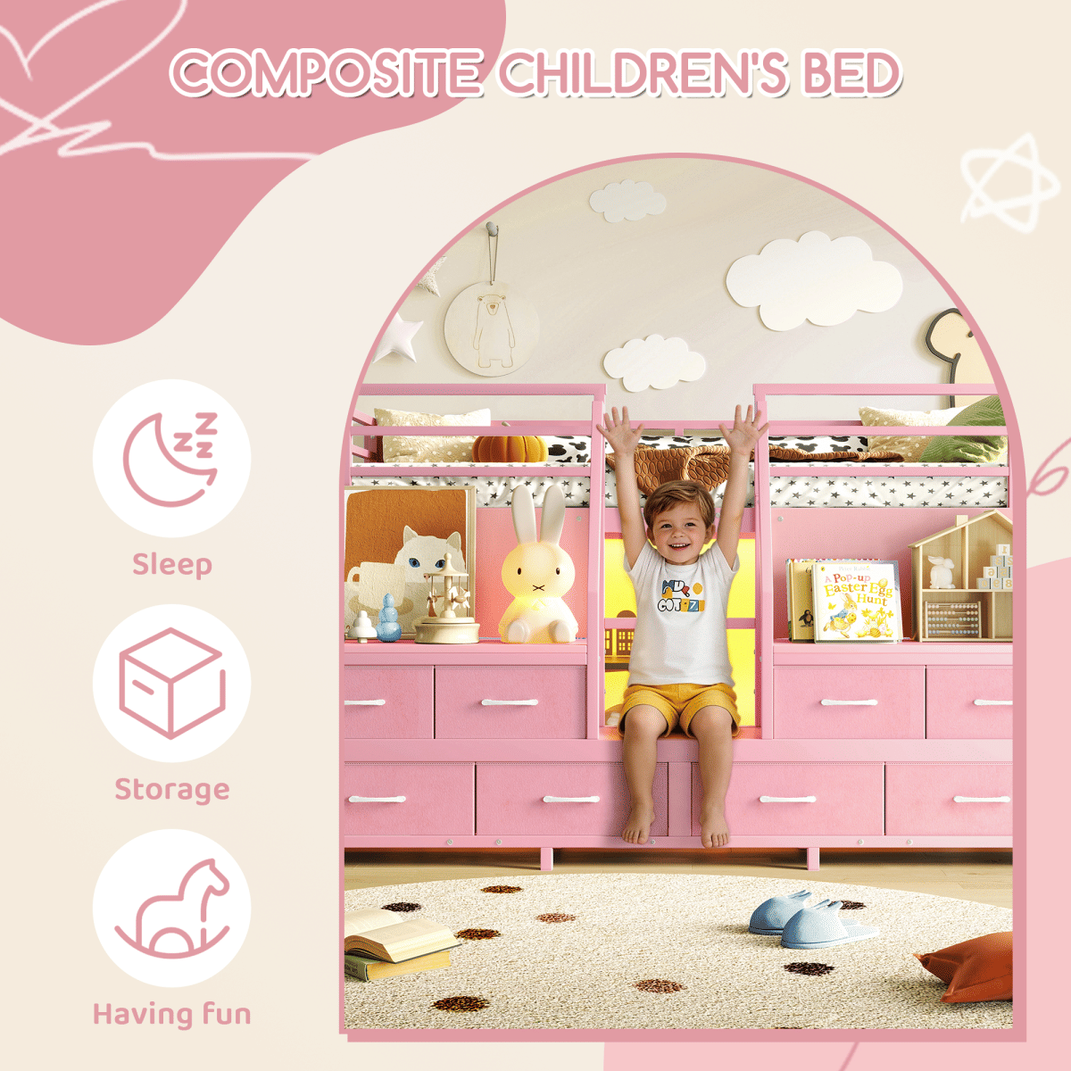 Loft Streamdale Twin Low Loft Bed with Storage Stairs, Fabric Drawers, and Lights, Pink