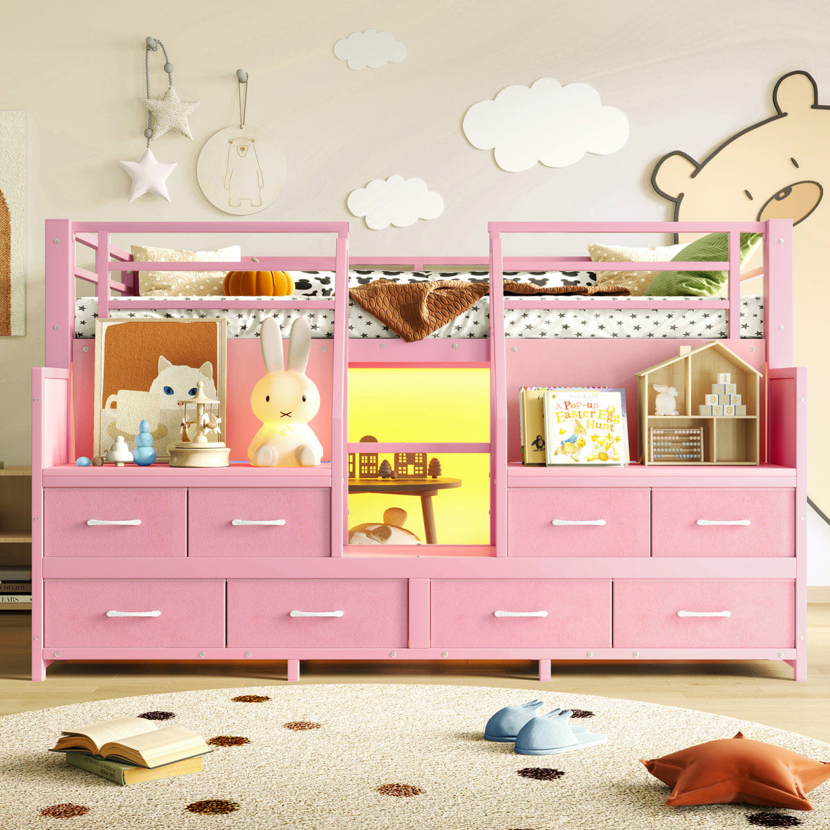 Loft Streamdale Twin Low Loft Bed with Storage Stairs, Fabric Drawers, and Lights, Pink