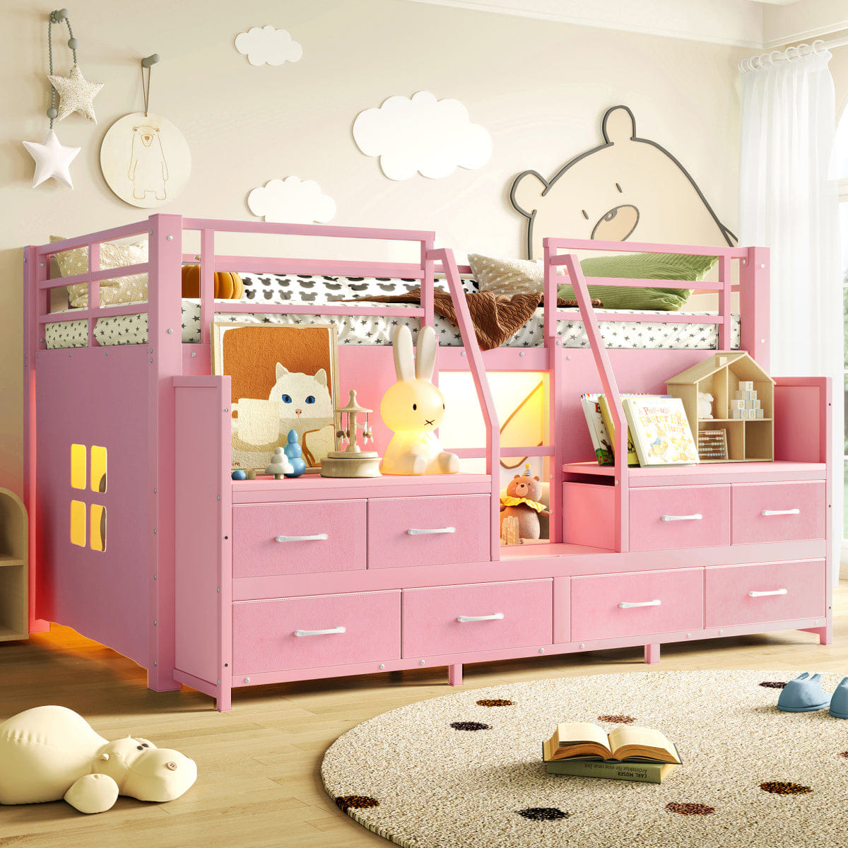 Loft Streamdale Twin Low Loft Bed with Storage Stairs, Fabric Drawers, and Lights, Pink