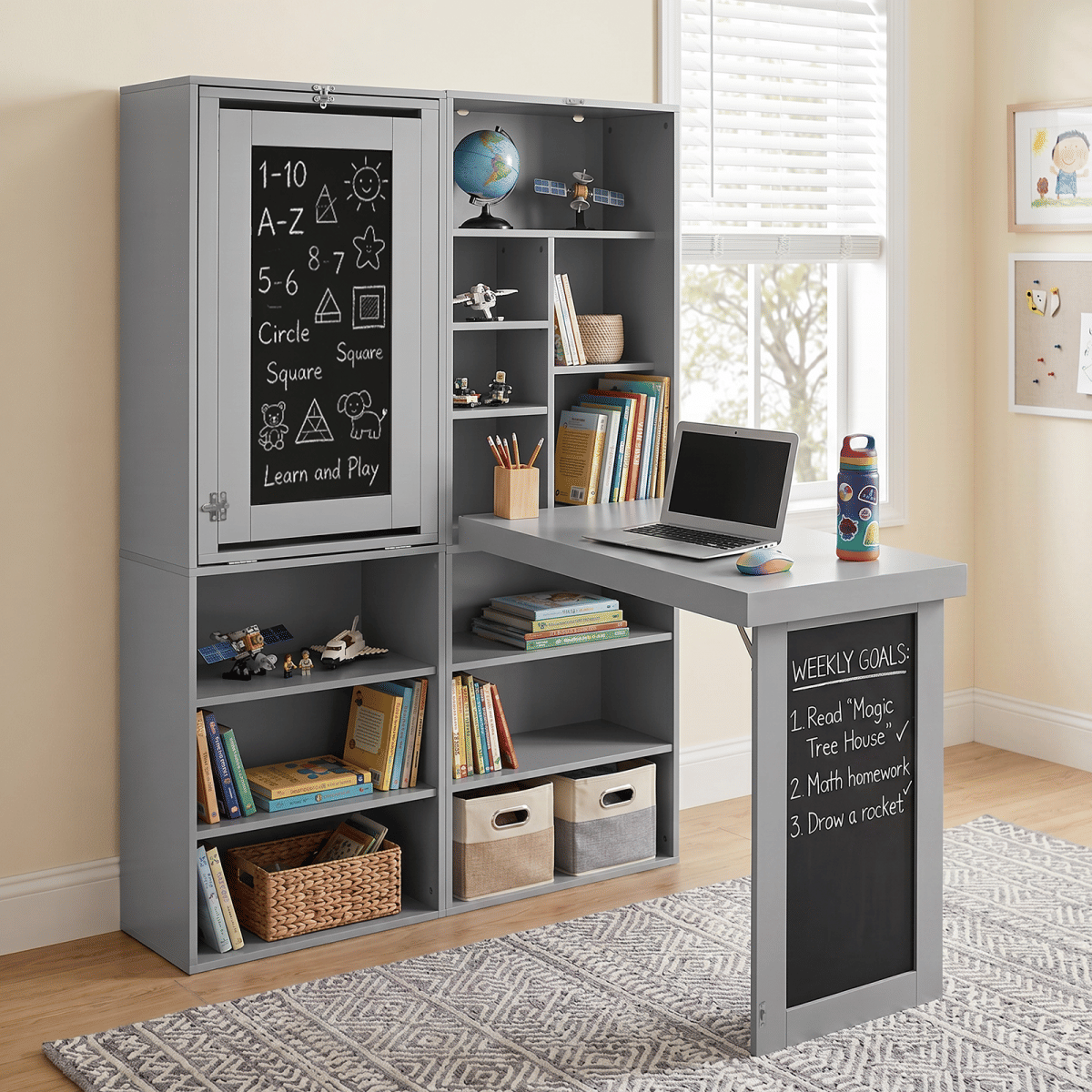 And Streamdale Folding Desk with Storage Shelves and Blackboard, Grey