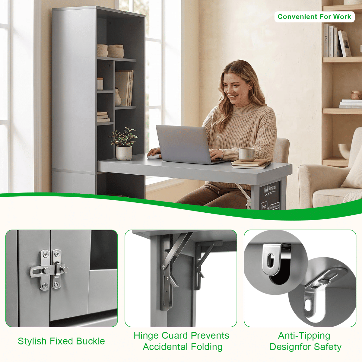 And Streamdale Folding Desk with Storage Shelves and Blackboard, Grey