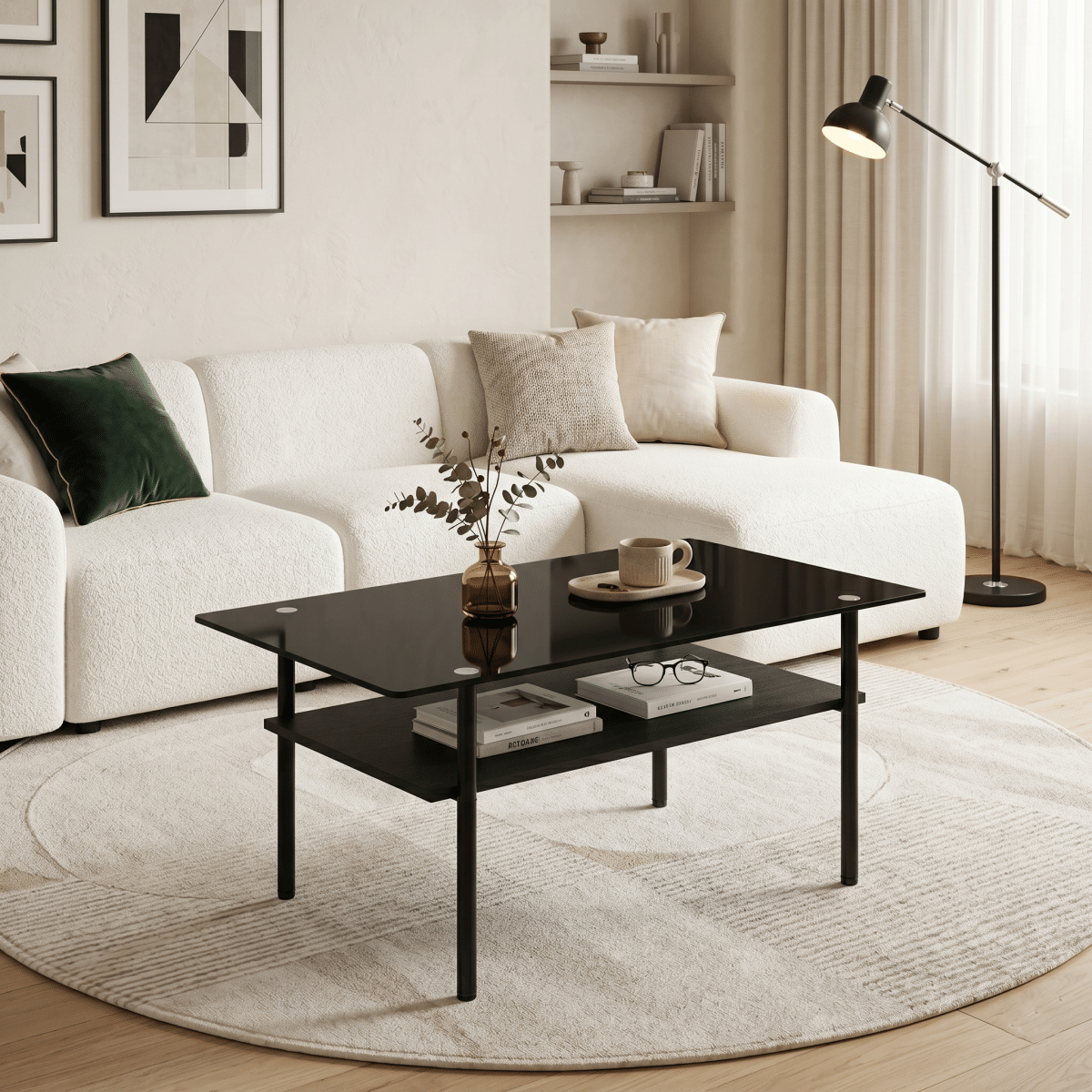 WOOD Streamdale Modern Glass Coffee Table with Wood Shelf, Black Metal Legs, 38.6