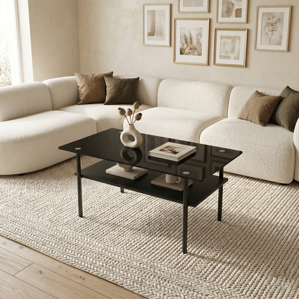 WOOD Streamdale Modern Glass Coffee Table with Wood Shelf, Black Metal Legs, 38.6