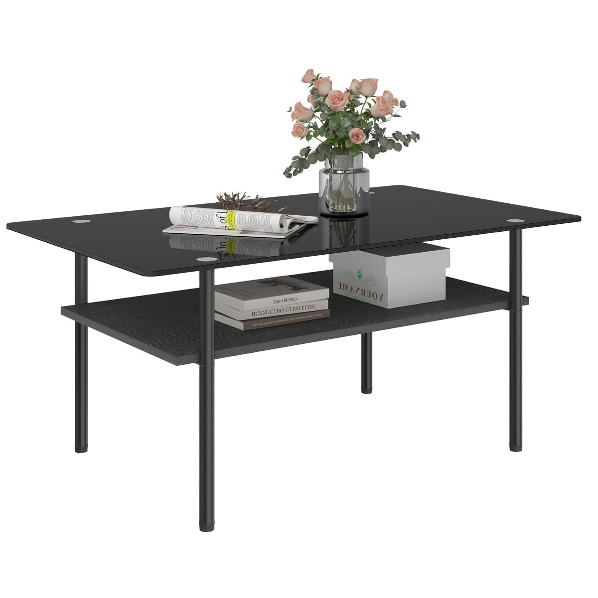 WOOD Streamdale Modern Glass Coffee Table with Wood Shelf, Black Metal Legs, 38.6