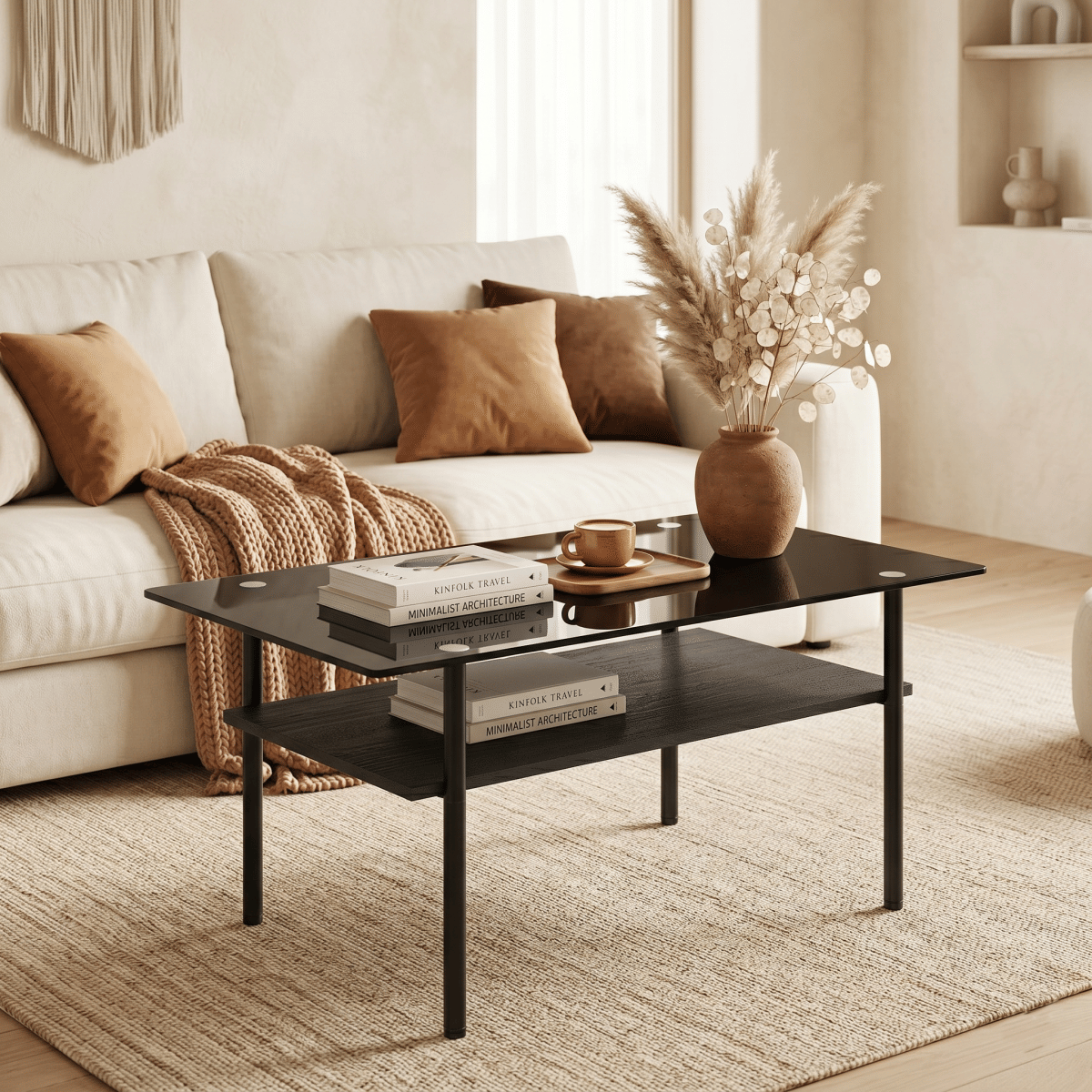WOOD Streamdale Modern Glass Coffee Table with Wood Shelf, Black Metal Legs, 38.6