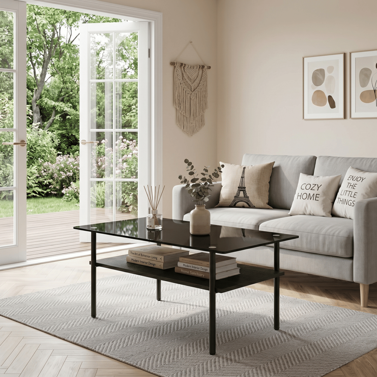 WOOD Streamdale Modern Glass Coffee Table with Wood Shelf, Black Metal Legs, 38.6