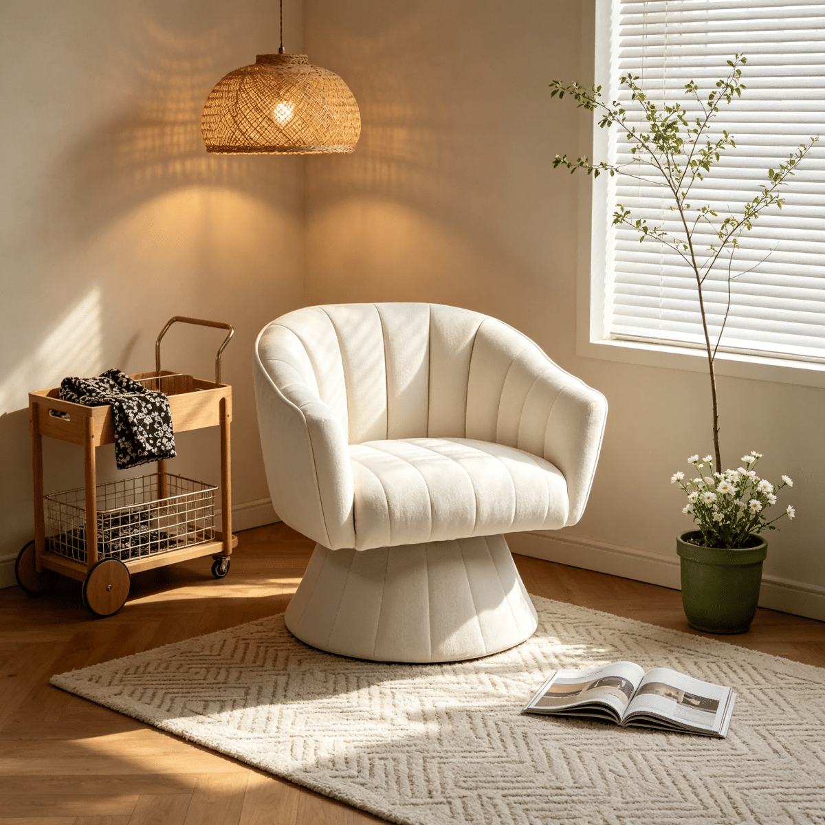 Corduroy Streamdale Modern Channel Tufted 360° Swivel Accent Chair, Cream Corduroy