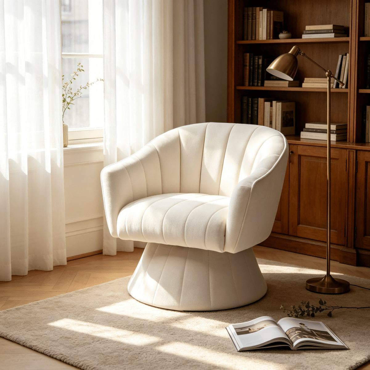 Corduroy Streamdale Modern Channel Tufted 360° Swivel Accent Chair, Cream Corduroy