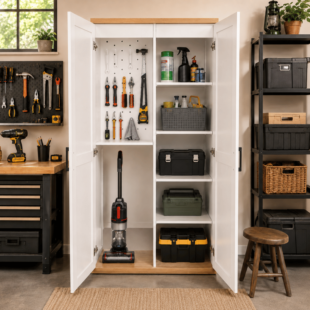 WHITE* Streamdale 68.9" Tall Wooden Broom & Vacuum Storage Cabinet with Adjustable Shelves - White