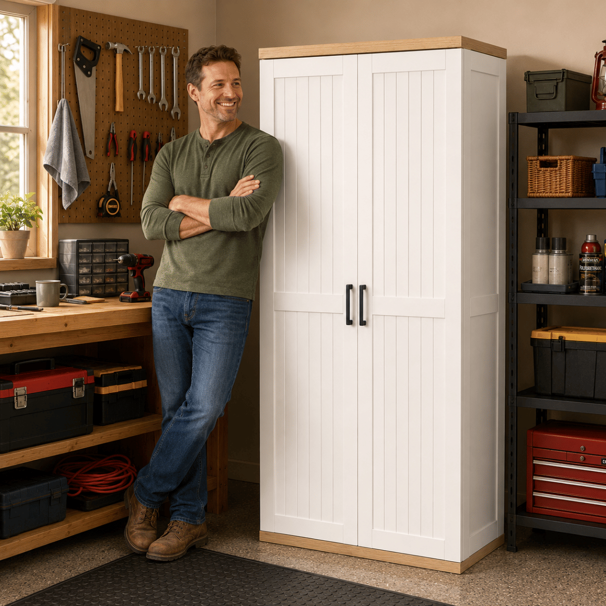 WHITE* Streamdale 68.9" Tall Wooden Broom & Vacuum Storage Cabinet with Adjustable Shelves - White