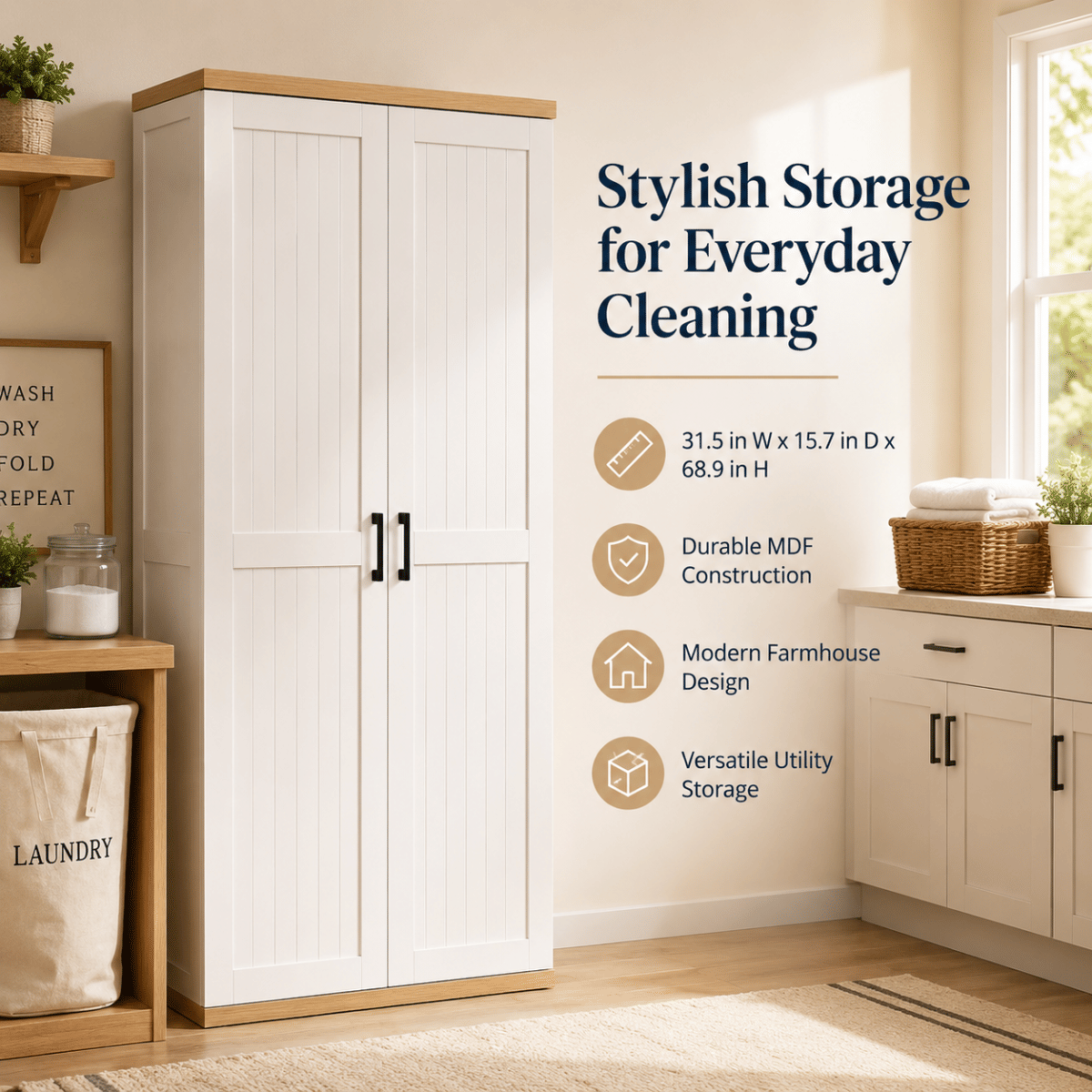 WHITE* Streamdale 68.9" Tall Wooden Broom & Vacuum Storage Cabinet with Adjustable Shelves - White