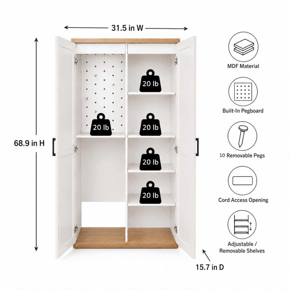 WHITE* Streamdale 68.9" Tall Wooden Broom & Vacuum Storage Cabinet with Adjustable Shelves - White