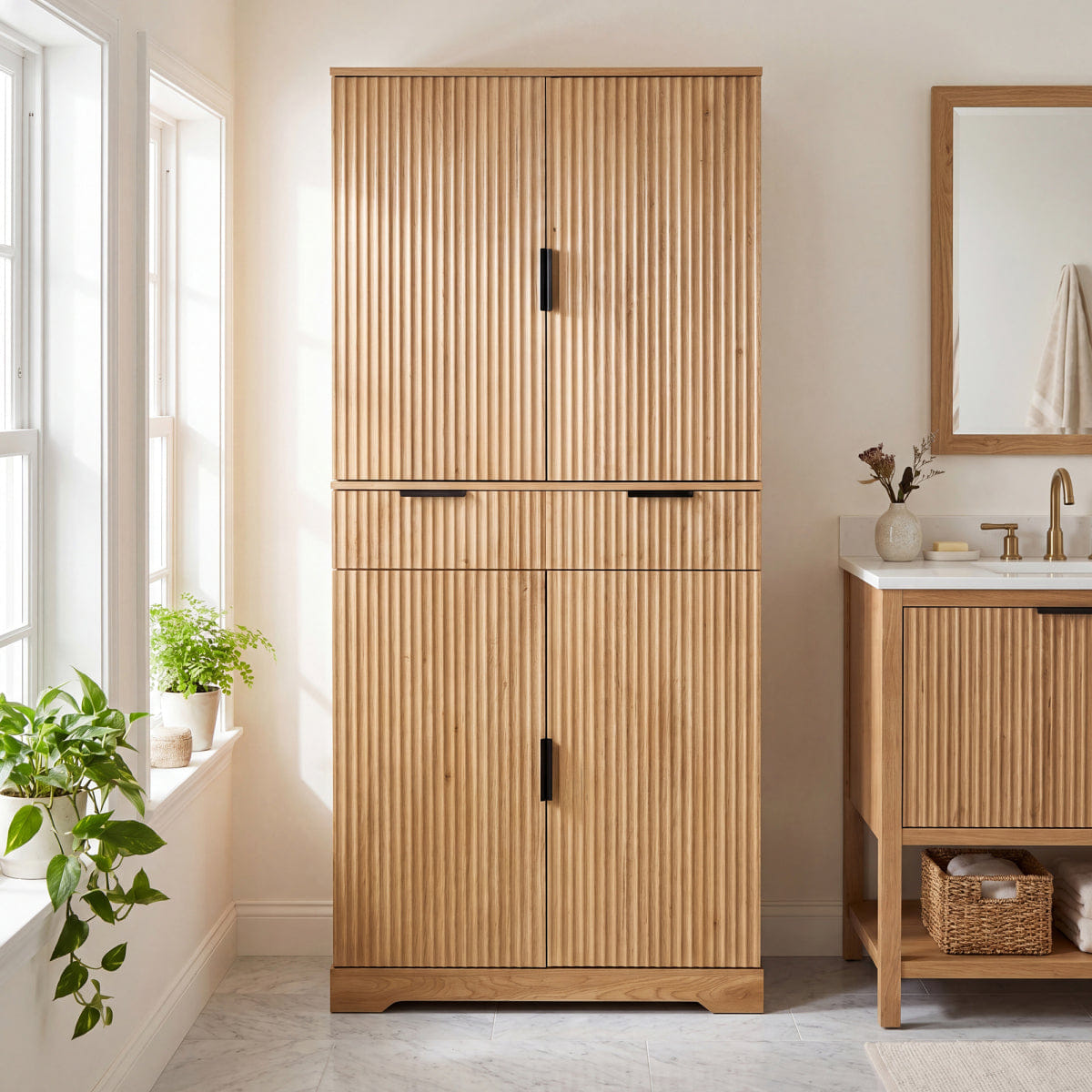 DOORS Streamdale 72" Fluted Kitchen Pantry Cabinet with 6 Doors & Drawers, Oak