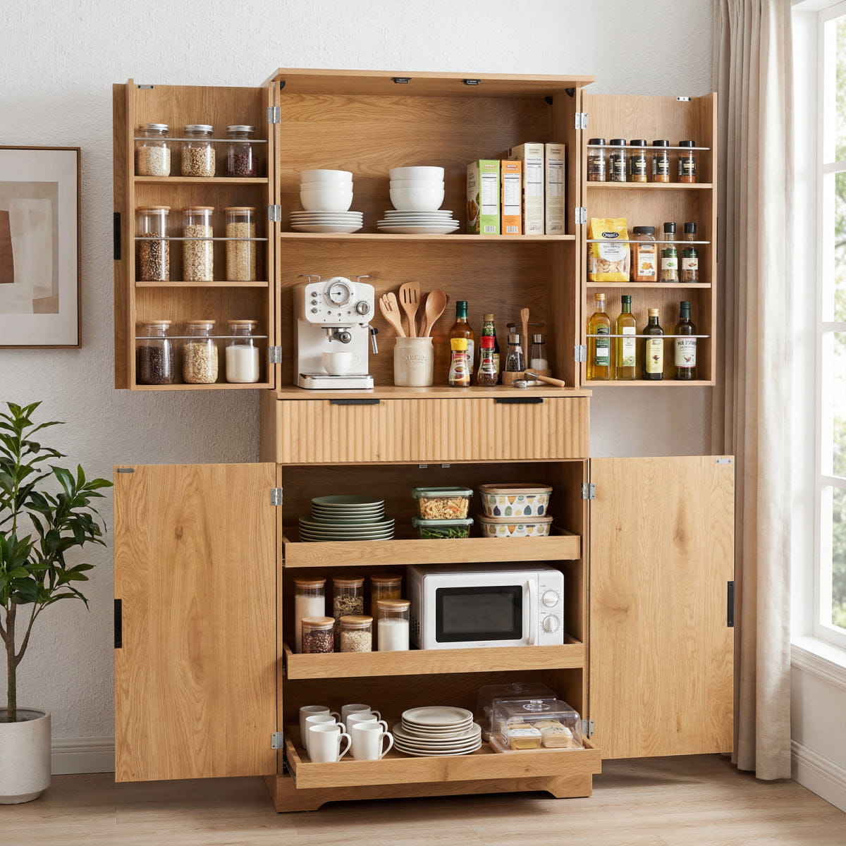 DOORS Streamdale 72" Fluted Kitchen Pantry Cabinet with 6 Doors & Drawers, Oak