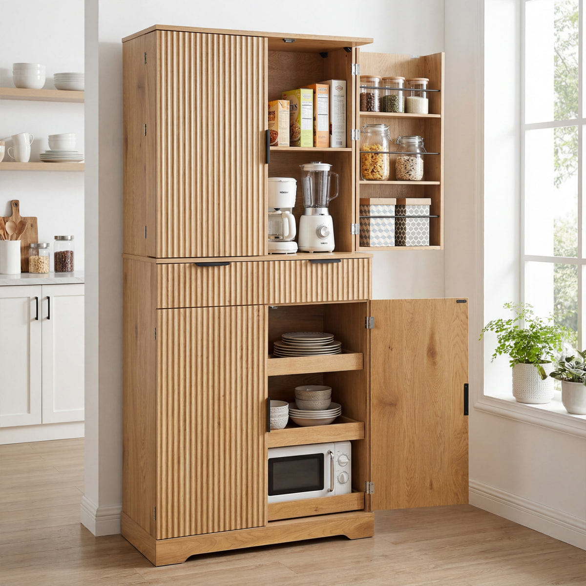 DOORS Streamdale 72" Fluted Kitchen Pantry Cabinet with 6 Doors & Drawers, Oak