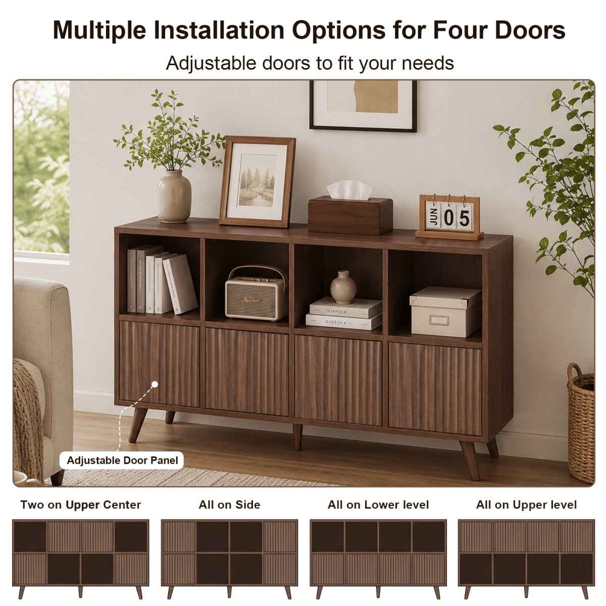 DOORS Streamdale 8 - Cube Storage Organizer Bookcase with 4 Doors, Walnut