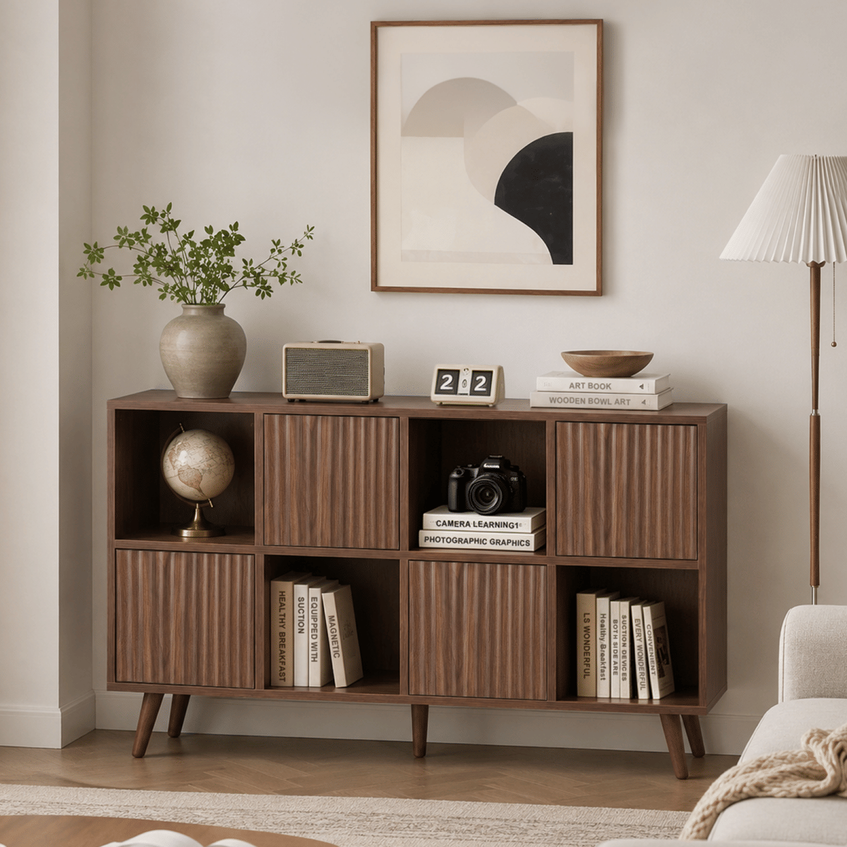 DOORS Streamdale 8 - Cube Storage Organizer Bookcase with 4 Doors, Walnut