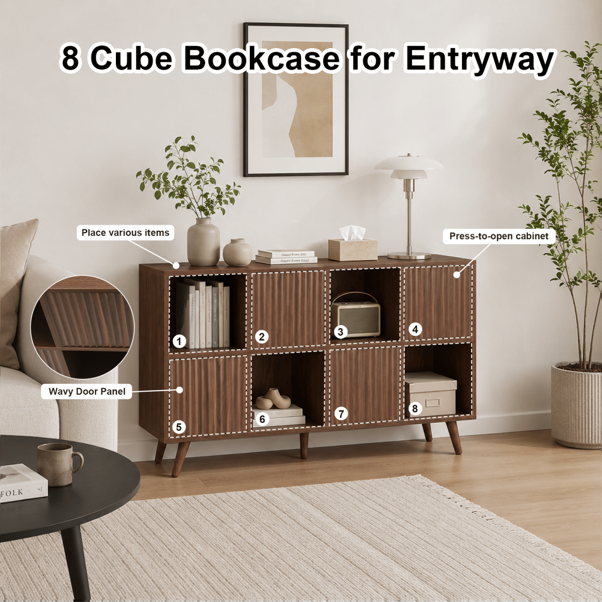 DOORS Streamdale 8 - Cube Storage Organizer Bookcase with 4 Doors, Walnut
