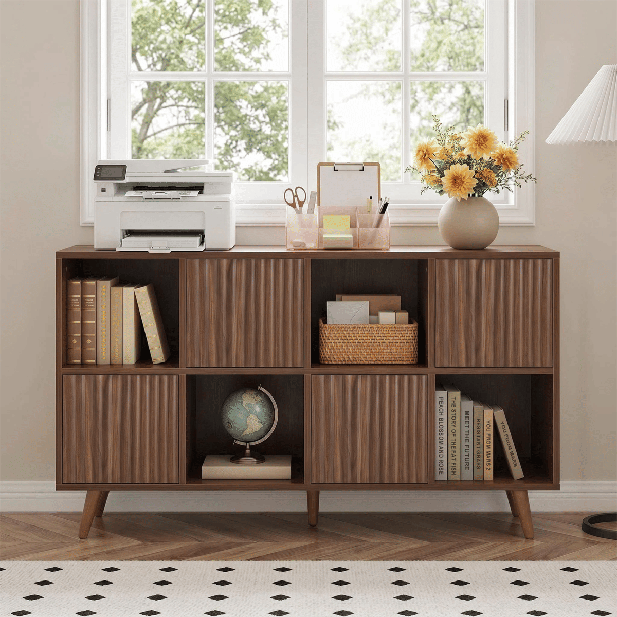 DOORS Streamdale 8 - Cube Storage Organizer Bookcase with 4 Doors, Walnut