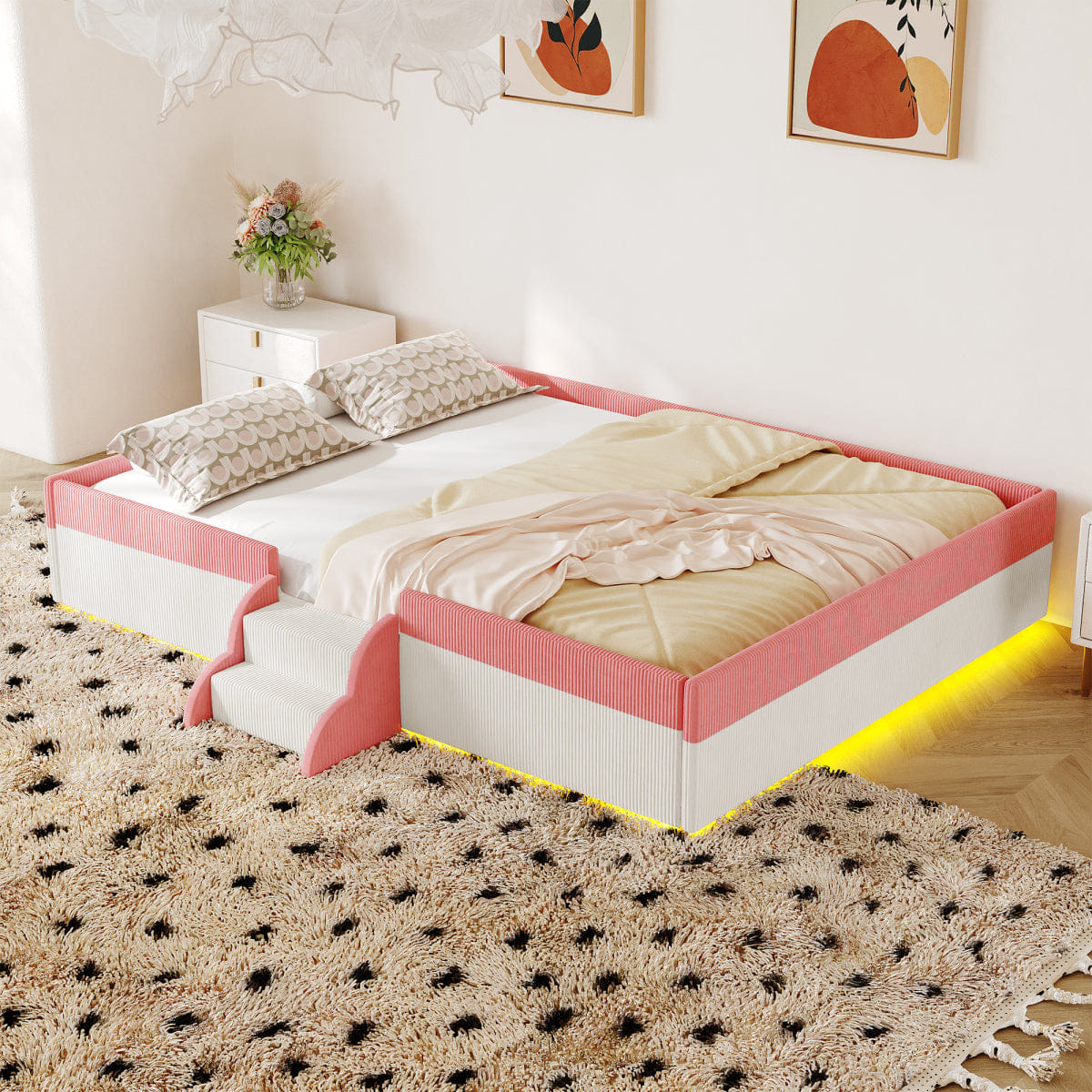 FLOOR Streamdale Full Size Upholstered Floor Bed with Fence, Steps & LED Lights, Pink