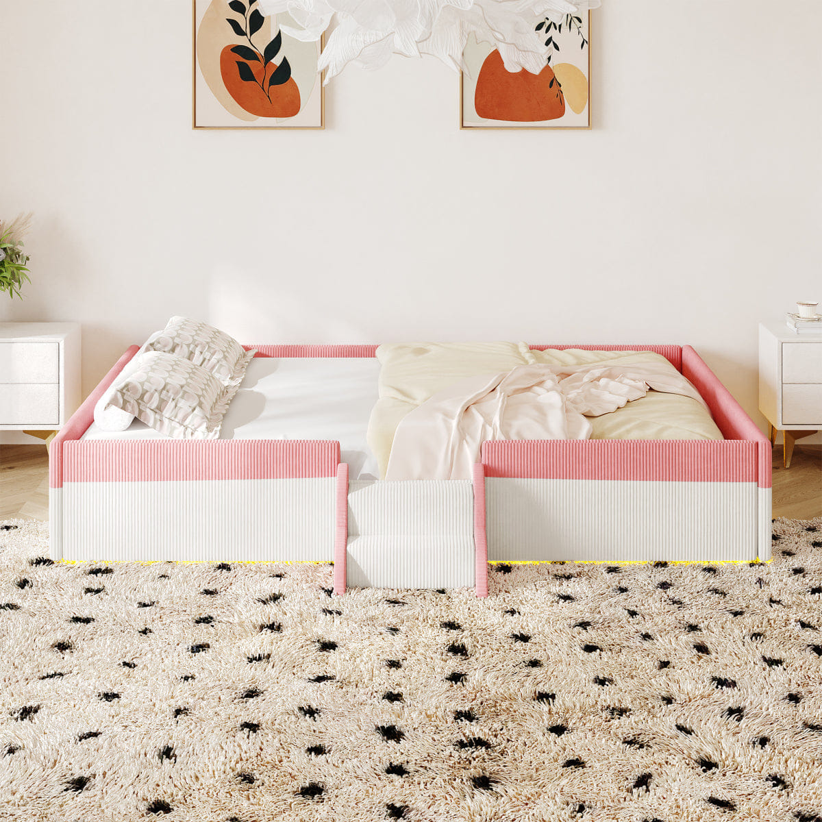 FLOOR Streamdale Full Size Upholstered Floor Bed with Fence, Steps & LED Lights, Pink