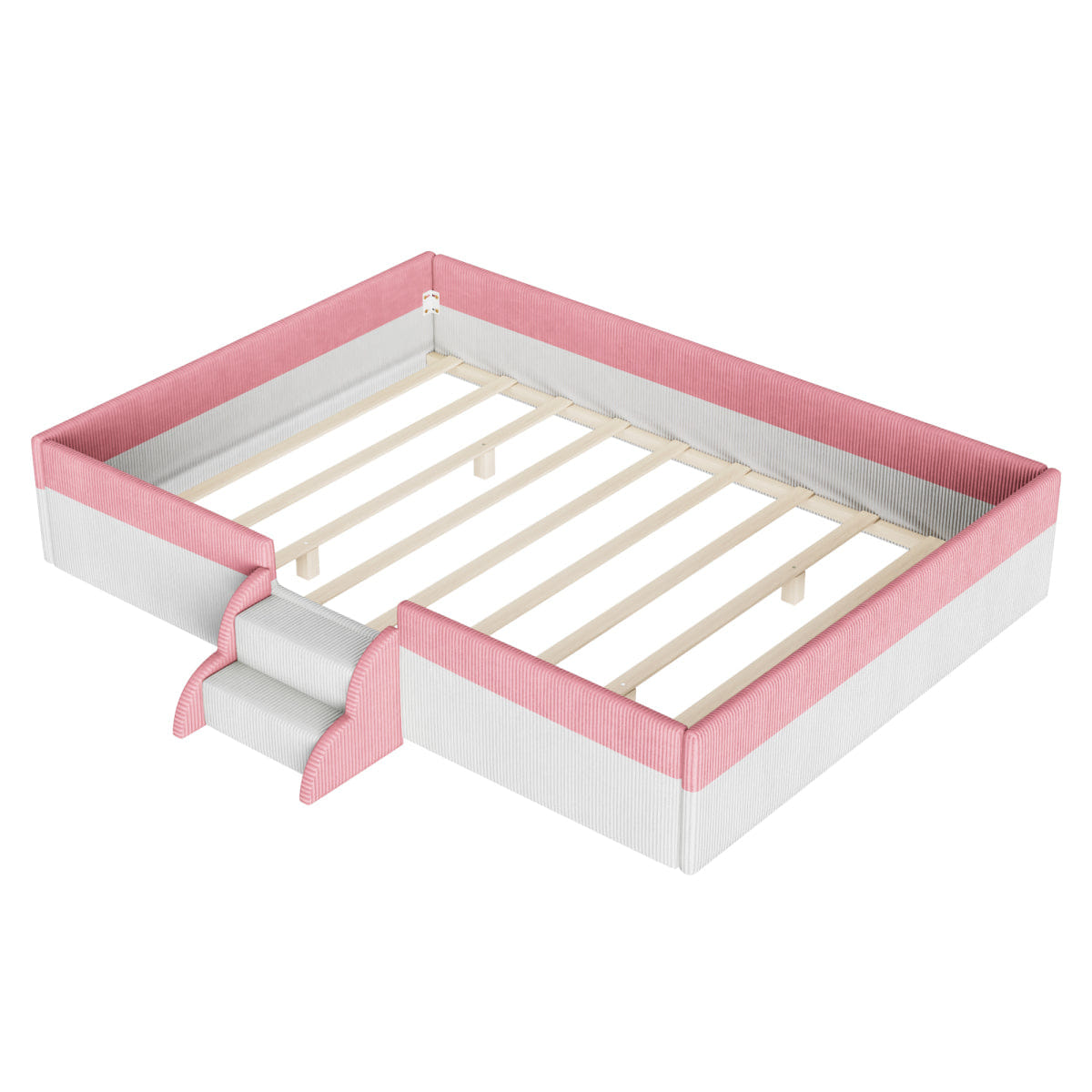 FLOOR Streamdale Full Size Upholstered Floor Bed with Fence, Steps & LED Lights, Pink
