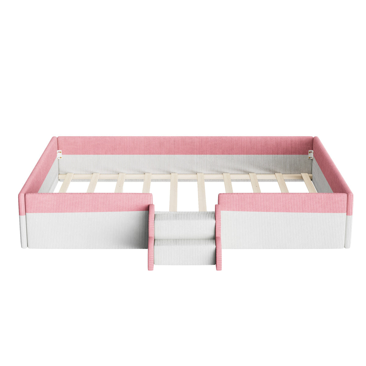 FLOOR Streamdale Full Size Upholstered Floor Bed with Fence, Steps & LED Lights, Pink