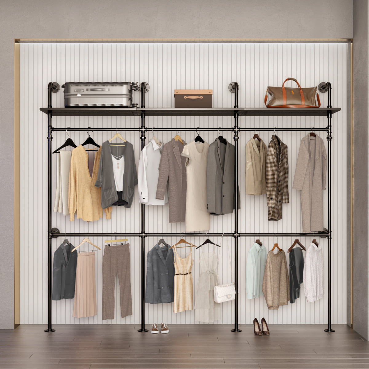 INDUSTRIAL Streamdale Industrial Pipe Clothing Rack with LED Lights & Shelves, Black
