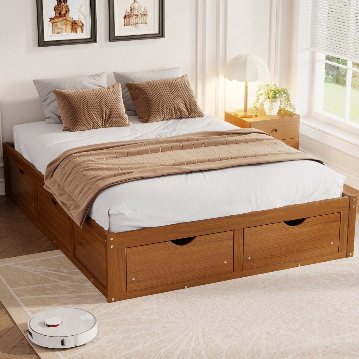 WOOD Streamdale Queen Size Platform Bed with 6 Storage Drawers,Pine Wood Storage Bed,Walnut