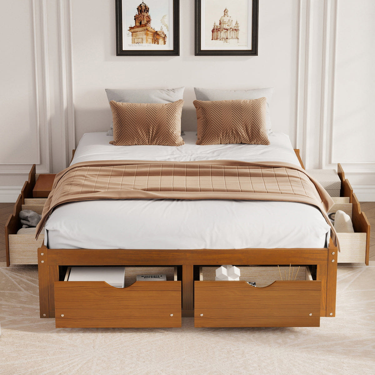 WOOD Streamdale Queen Size Platform Bed with 6 Storage Drawers,Pine Wood Storage Bed,Walnut
