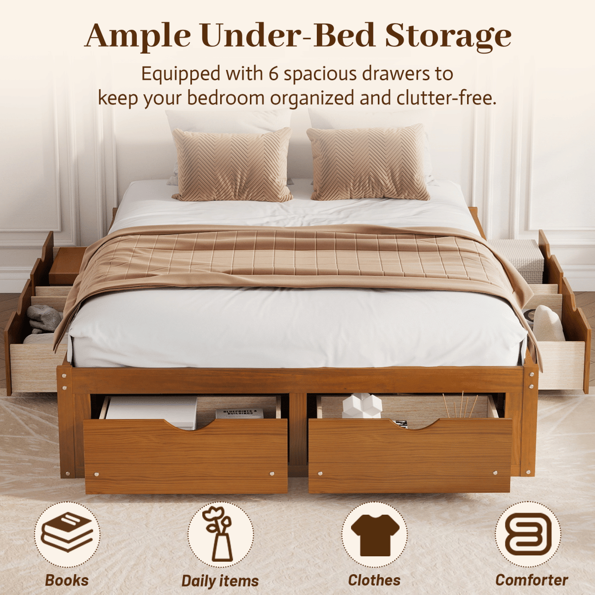 WOOD Streamdale Queen Size Platform Bed with 6 Storage Drawers,Pine Wood Storage Bed,Walnut