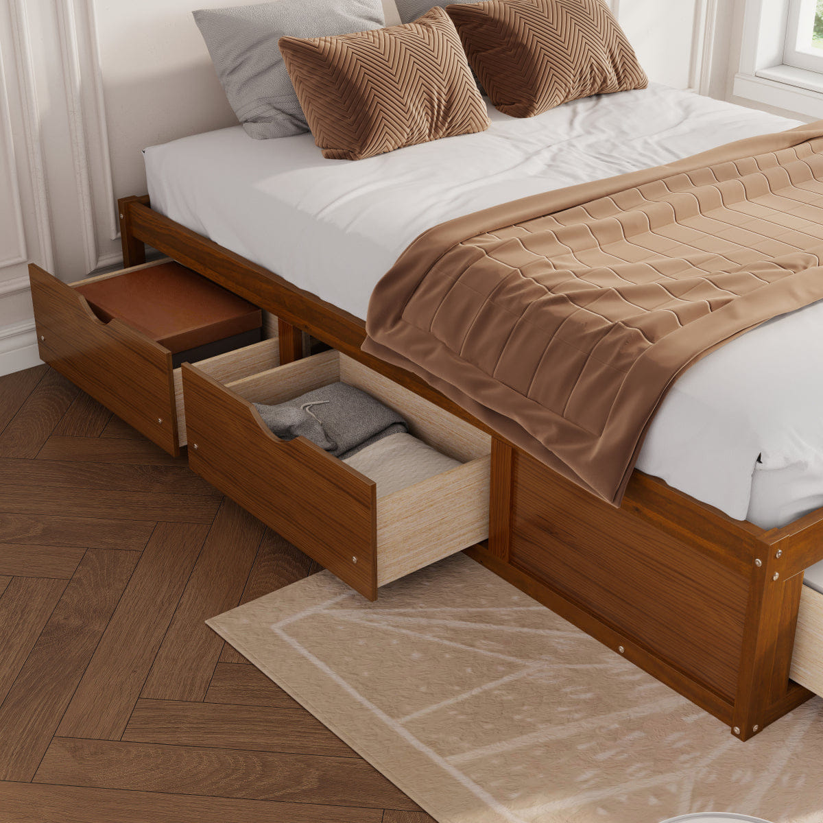 WOOD Streamdale Queen Size Platform Bed with 6 Storage Drawers,Pine Wood Storage Bed,Walnut