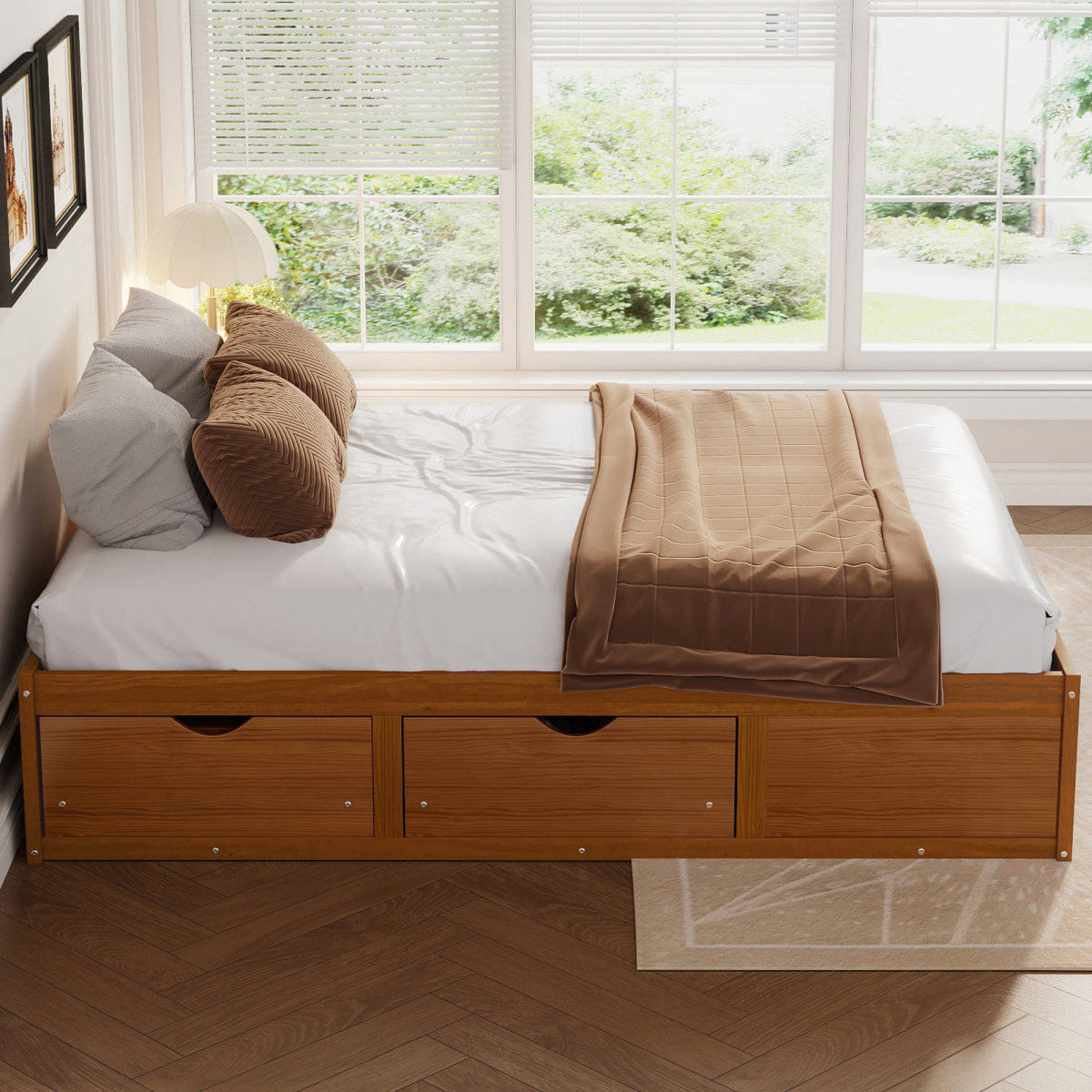 WOOD Streamdale Queen Size Platform Bed with 6 Storage Drawers,Pine Wood Storage Bed,Walnut
