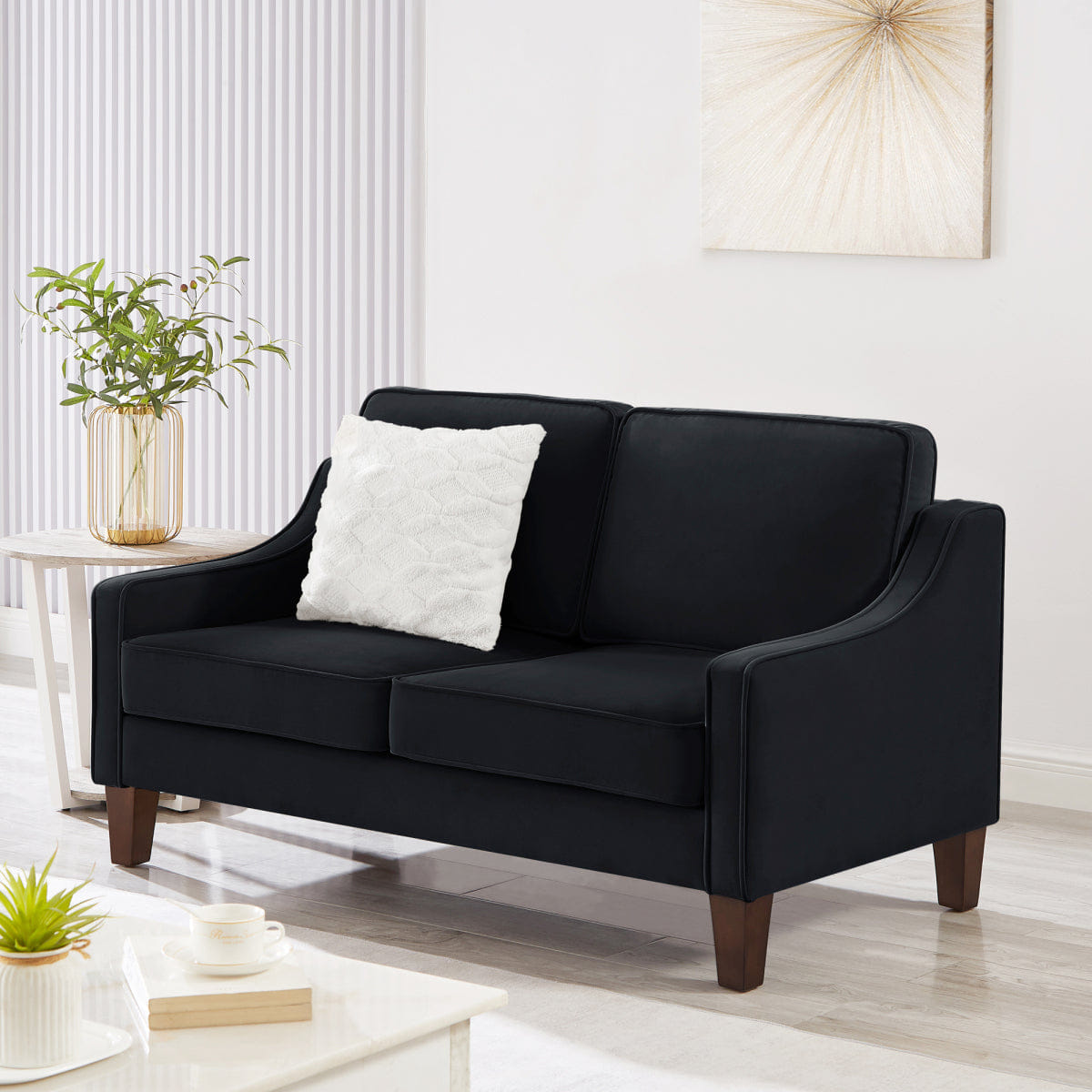 Velvet Streamdale 2 - Seater Velvet Loveseat with Removable Covers and Wood Legs - Black