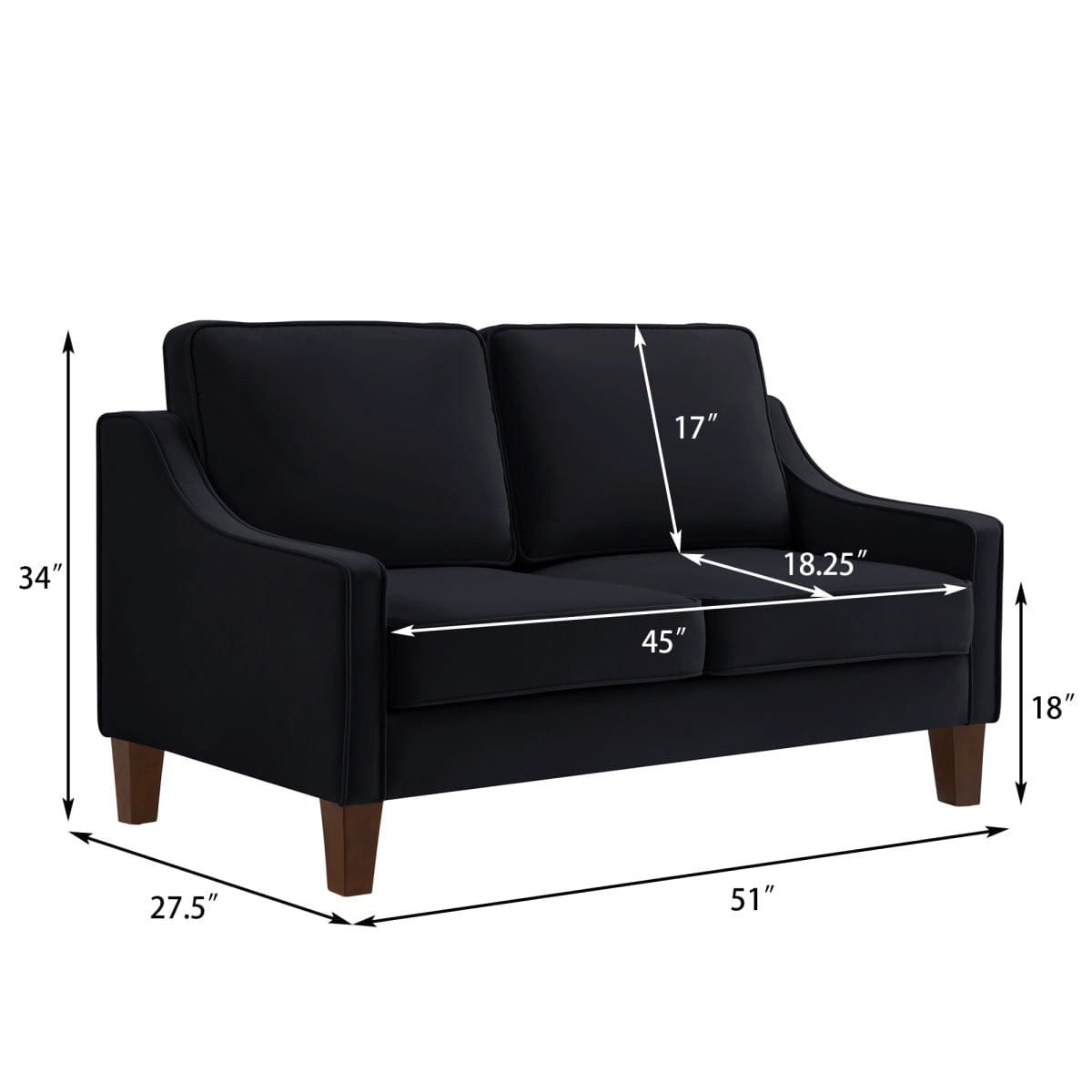 Velvet Streamdale 2 - Seater Velvet Loveseat with Removable Covers and Wood Legs - Black