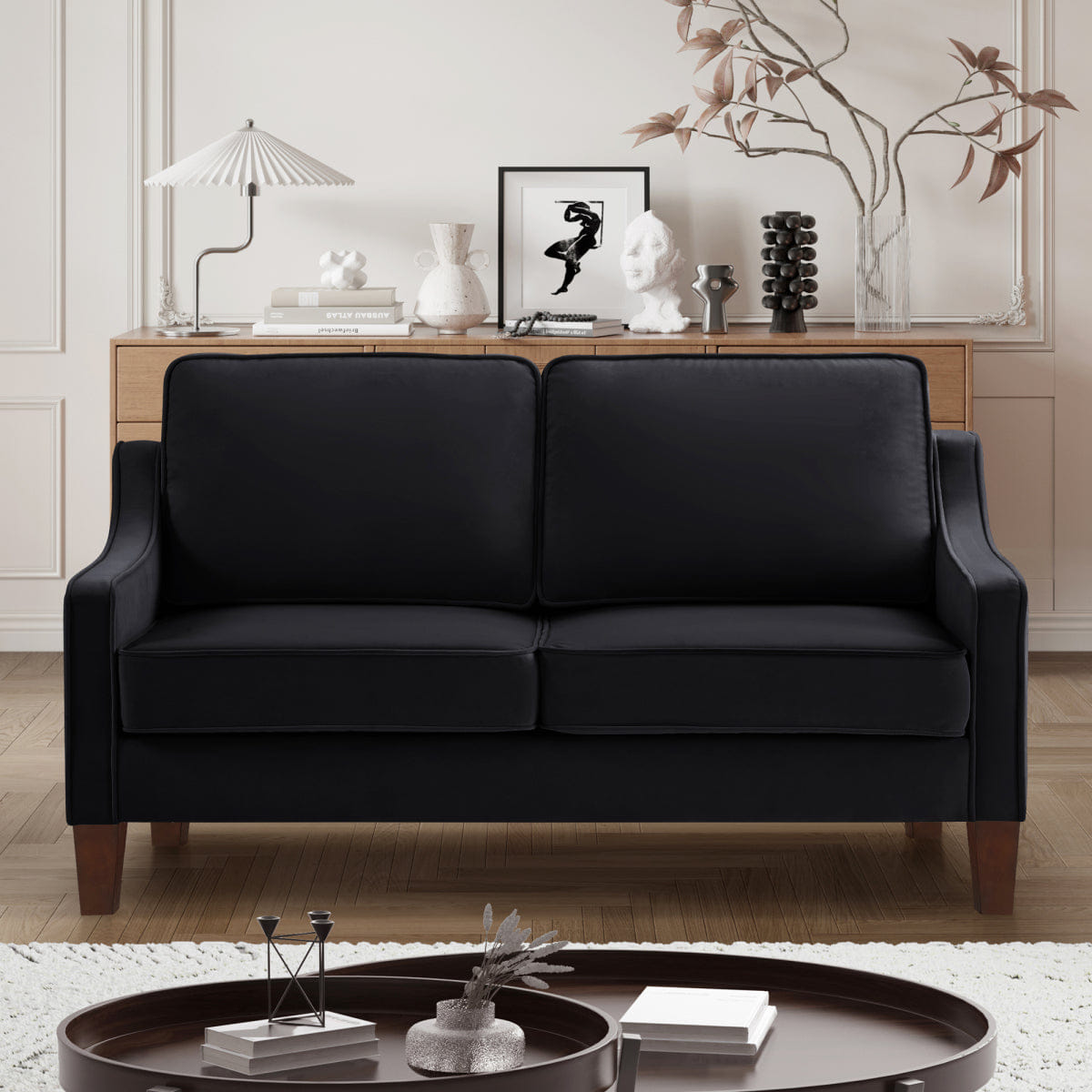 Velvet Streamdale 2 - Seater Velvet Loveseat with Removable Covers and Wood Legs - Black