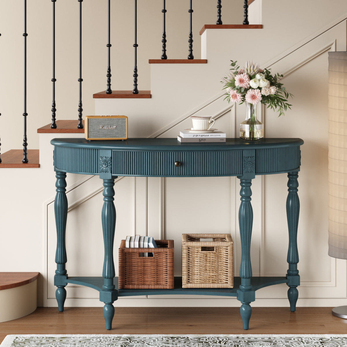 Drawer Streamdale Rustic Blue Half Moon Console Table with Drawer & Shelf