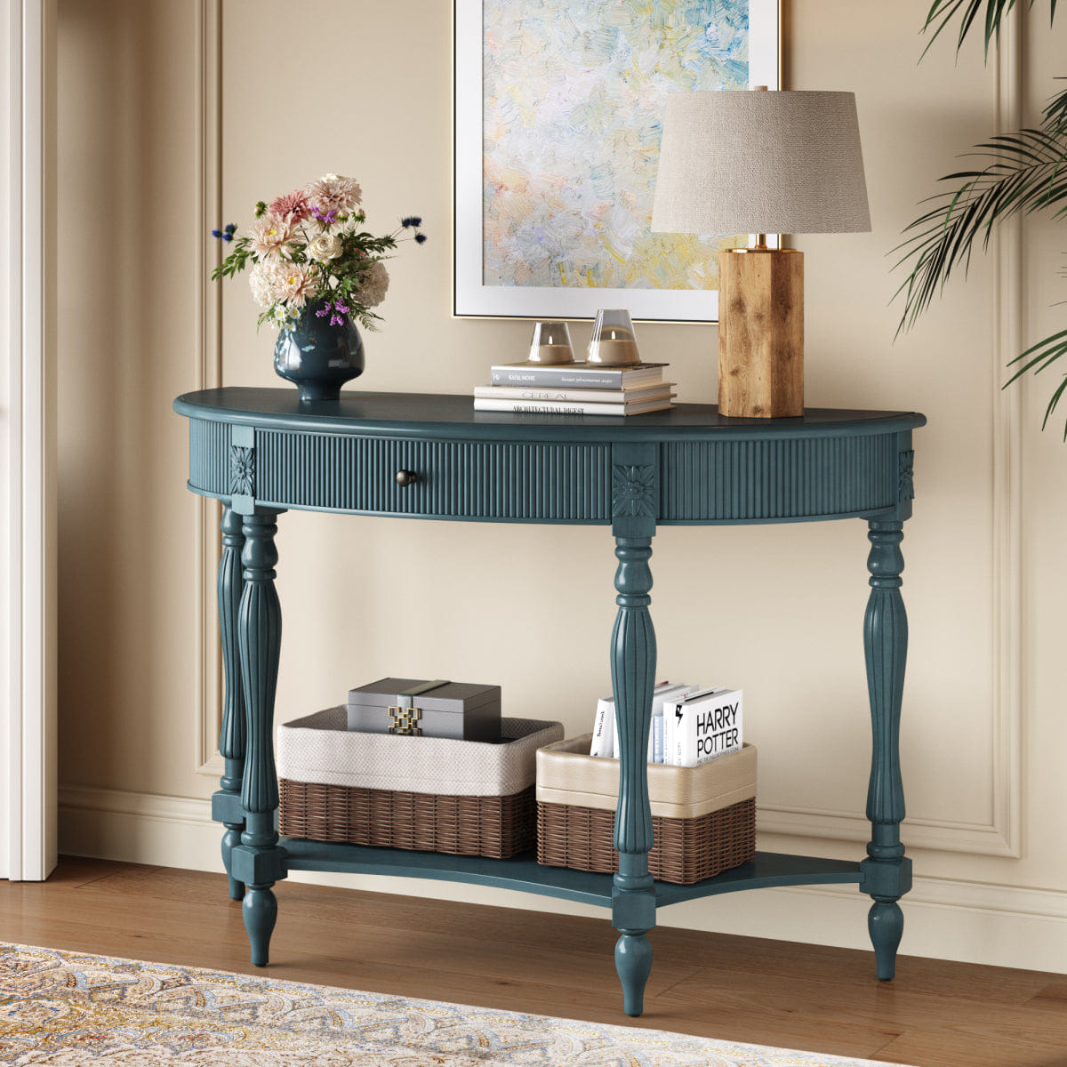 Drawer Streamdale Rustic Blue Half Moon Console Table with Drawer & Shelf