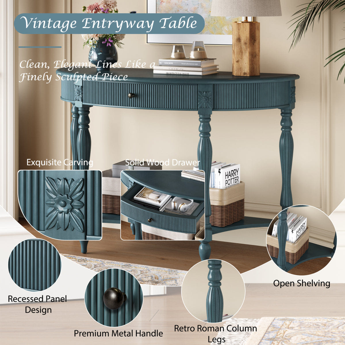 Drawer Streamdale Rustic Blue Half Moon Console Table with Drawer & Shelf