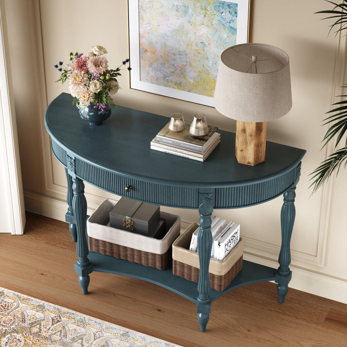 Drawer Streamdale Rustic Blue Half Moon Console Table with Drawer & Shelf
