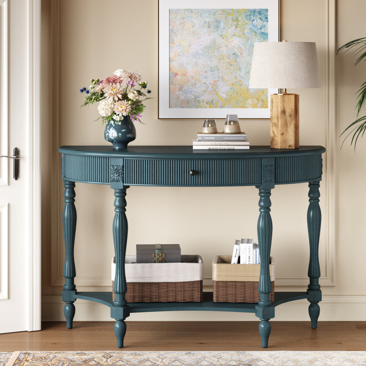 Drawer Streamdale Rustic Blue Half Moon Console Table with Drawer & Shelf