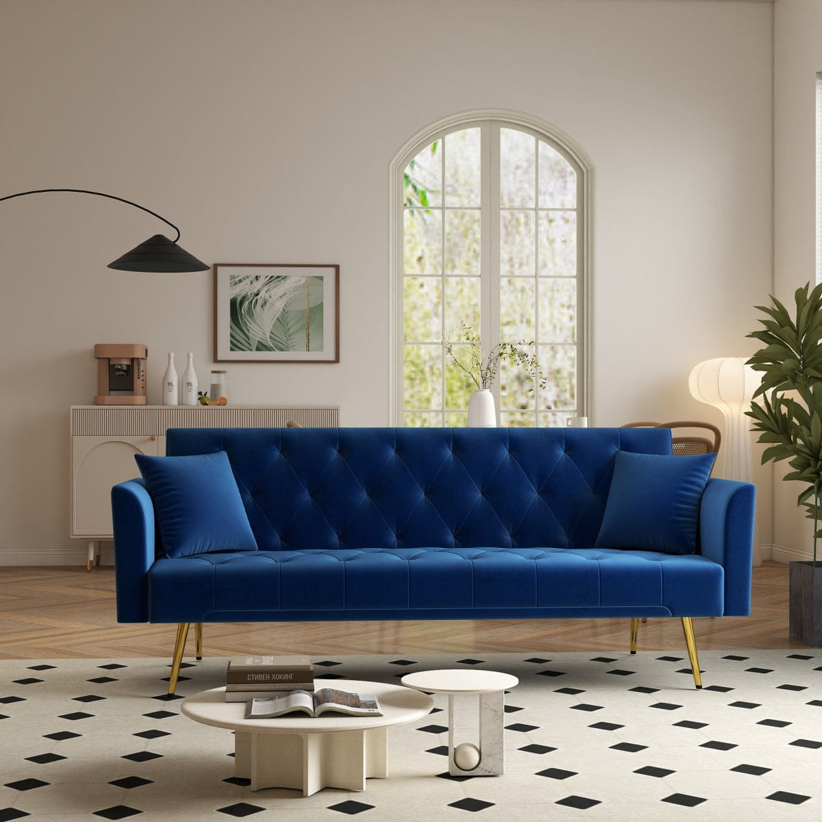 Blue Velvet Streamdale 72" Blue Velvet Tufted Convertible Sleeper Sofa Modern Retro