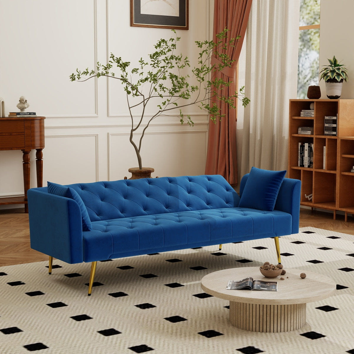 Blue Velvet Streamdale 72" Blue Velvet Tufted Convertible Sleeper Sofa Modern Retro